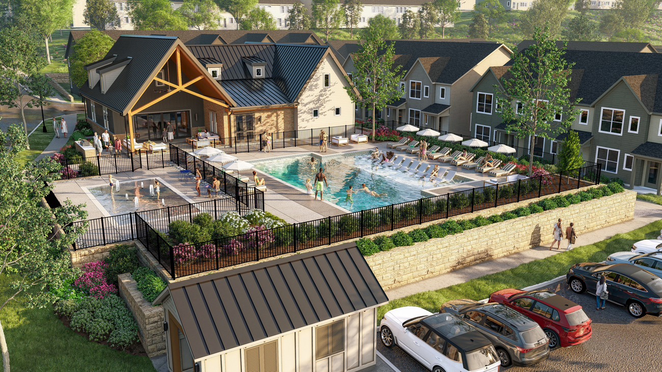 Resort style pool with sundeck, splash pad & a covered pavilion 